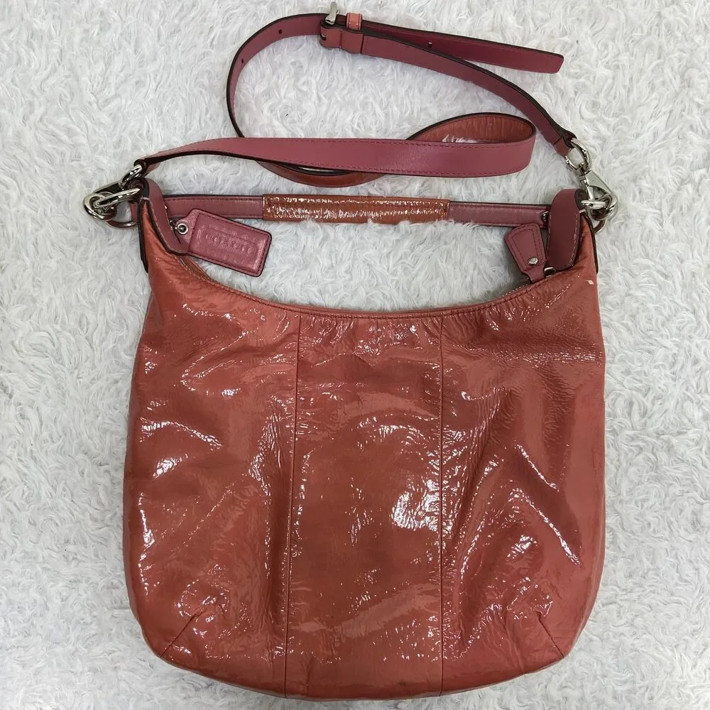 Coach Kristen Coral Pink Patent Leather Hobo Shoulder Handbag # 19299